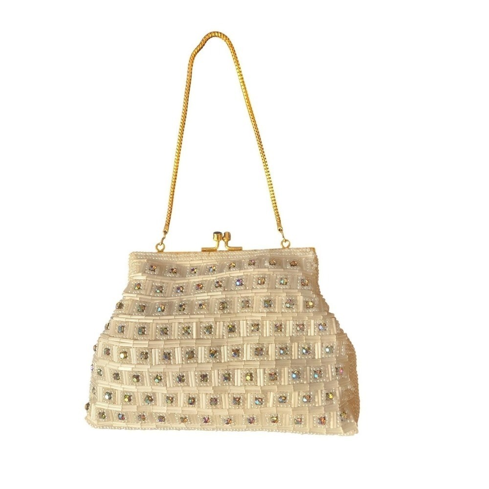Vintage Beaded Evening Bag Aurora Borealis Rhinestone Gold Chain Clutch Cream